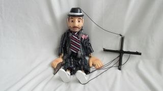 Marionette String Puppet,  Wood Carved,  Suit & Tie With A Gun In His Hand