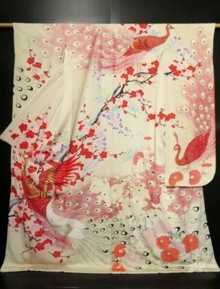 0517n01z1320 Vintage Japanese Kimono Silk Furisode Off - White Peacock
