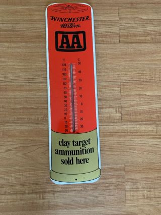 Vintage 1966 Winchester Shotgun Shell Hunting Gas Oil 27 " Metal Thermometer Sign