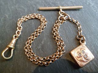 Victorian 9ct Rose Rolled Gold Albertina Pocket Watch Chain,  Lucky Shamrock Fob