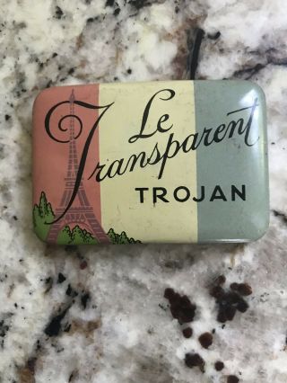 Vintage Le Transparent Trojan Condom Tin,  Eiffel Tower Graphic,  Bright Colors