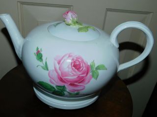 Antique Meissen Porcelain Pink Rose Large Teapot With Teapot Stand Trivet