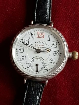 Antique Ww1 Officers Solid Silver Excelsior Fhf Francois Borgel Trench Watch