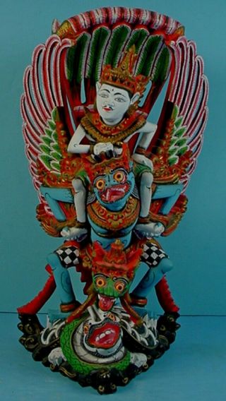 Balinese Painted Hardwood Vishnu Riding Garuda & Garuda Riding Turtle Sculpture
