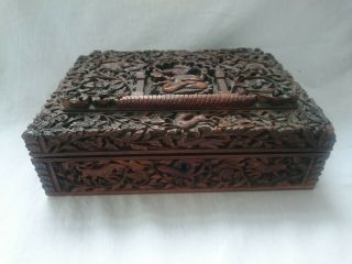 Antique Indian Carved Sandalwood Box Casket With Genesh Animal Floral Decoration