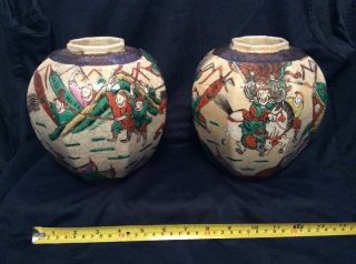 Antique Chinese Porcelain Warrior Scenes Crackle Glaze Vases