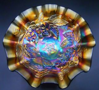 Stunning Vintage Dugan Dogwood Sprays Amethyst Carnival Glass Ruffled Bowl