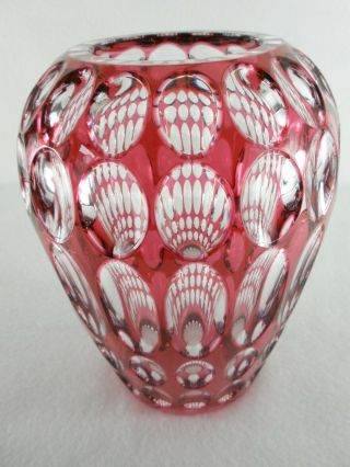 Rare Antique VAL SAINT LAMBERT Crystal Cranberry Cut to Clear Vase - 2.  5 Kilos 9
