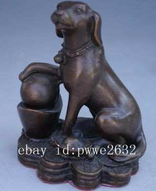 Chinese Old Hand Engraving Feng Shui Pure Copper Wealth Dog Statue D02