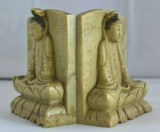 Antique Chinese Carved Mutton Fat Jade Soapstone Buddha Bookend Figures 5
