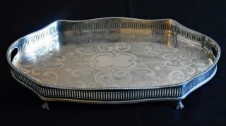 Lovely Large Vintage Silver Plated Chased Ball & Claw Footed Gallery Tray