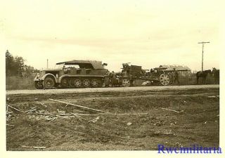 Wehrmacht Sdkfz Halftrack Stopped On Road Towing 15cm Artillery Gun