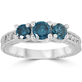 1 Carat Treated Blue Diamond Vintage 3 Stone Ring 10k White Gold