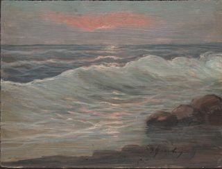 Antique Old Vintage Sunset Seascape Ocean Painting Drawing Art Realism