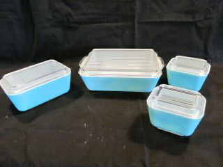 Set Of Four Vintage Pyrex Turquoise Small,  Medium,  Large Refrigerator Jars
