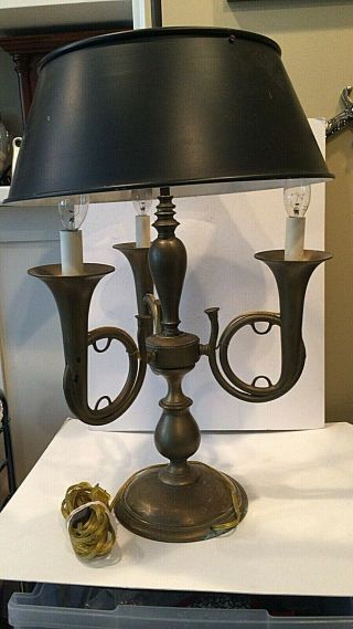 Vintage Brass Bouillotte Table Lamp 3 Arm French Horn