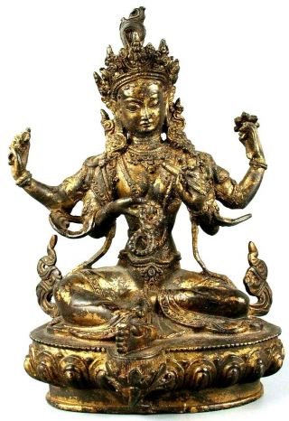 Antique Very Old Vasudhara Copper Buddha Rare Statue Sitting On Lotus Flower