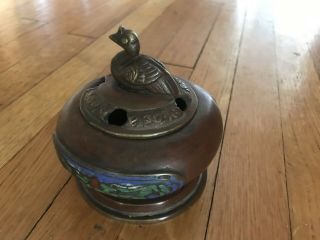 Vintage Chinese Bronze Incense Burner Censer With Duck Cover And Cloisonne
