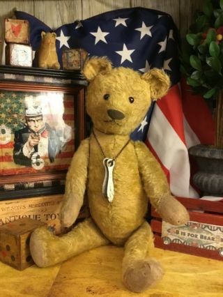 22” Antique Early 1900s American Stick Bear All,  Mohair,  100 Excelsior