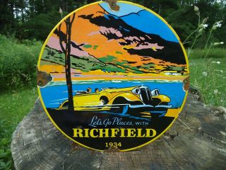 Vintage 1934 Richfield Gasoline Porcelain Enamel Gas Pump Sign " Lets Go Places "