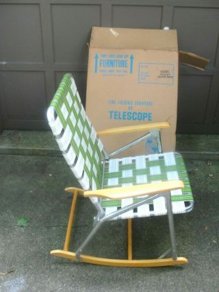 Nos Vintage Telescope Aluminum Wood Webbed Folding Rocking Lawn Chair Green.