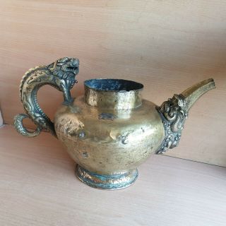 1 Old Rare Antique Asian Chinese Tibetan Bronze Copper Dragon / Foo Dog Tea Pot