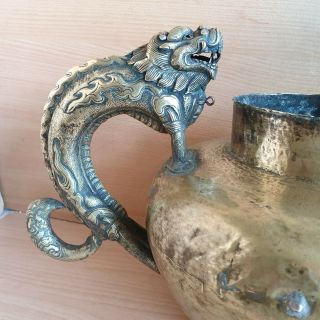1 Old Rare Antique Asian Chinese Tibetan Bronze Copper Dragon / Foo Dog Tea Pot 2