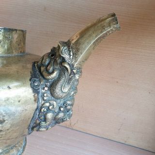 1 Old Rare Antique Asian Chinese Tibetan Bronze Copper Dragon / Foo Dog Tea Pot 3