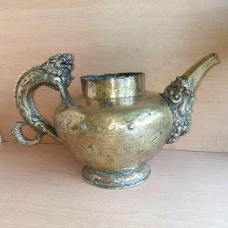 1 Old Rare Antique Asian Chinese Tibetan Bronze Copper Dragon / Foo Dog Tea Pot 4
