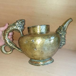 1 Old Rare Antique Asian Chinese Tibetan Bronze Copper Dragon / Foo Dog Tea Pot 5