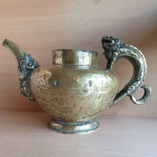 1 Old Rare Antique Asian Chinese Tibetan Bronze Copper Dragon / Foo Dog Tea Pot 7