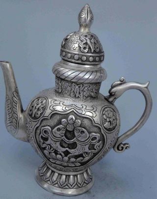 Royal Tibet Collectable Handwork Old Miao Silver Carve Goldfish Flower Tea Pot