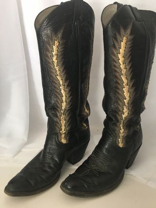 Vtg Tall Larry Mahan Black Leather Snake Skin Inlay Fancy Stitch Boots Sz.  6 N