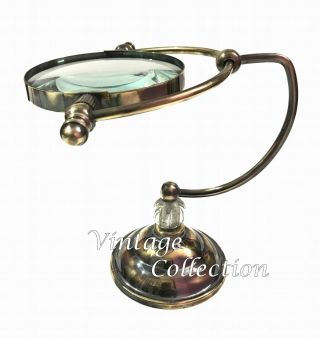 Antique Brass Desktop Adjustable Magnifying Glass Vintage Table Top Decor Glass