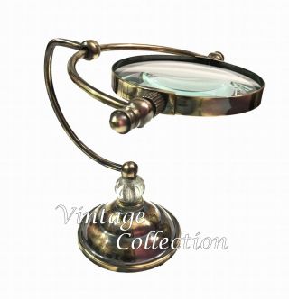 Antique Brass Desktop Adjustable Magnifying Glass Vintage Table Top Decor Glass 2