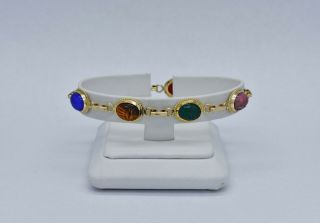 " Carla " 14k Gold Vintage Multicolor Hardstone Seven Scarab Bracelet 7.  0 "