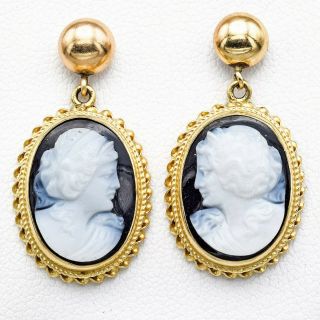 Antique 14k Yellow Gold Onyx Oval Cameo Dangle Earrings 6.  0 Grams