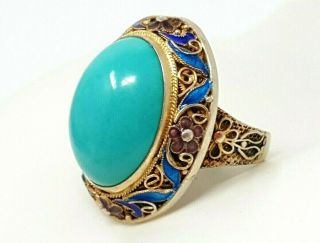 Vintage Chinese Sterling Silver Cloisonne Enamel Turquoise Filigree Ring Size 8