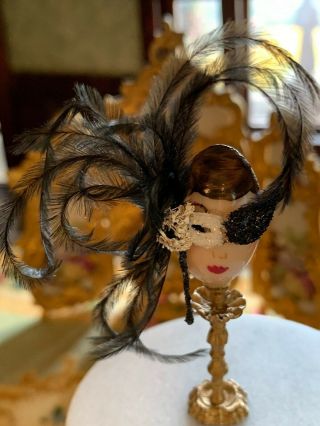 Artisan Miniature Dollhouse Vintage Masquerade Mask Black White Ostrich Feathers
