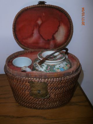 Antique 19th c Chinese Famille Rose Teapot & Cup Basket Tea Cozy Rose Mandarin 2
