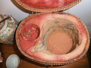 Antique 19th c Chinese Famille Rose Teapot & Cup Basket Tea Cozy Rose Mandarin 3