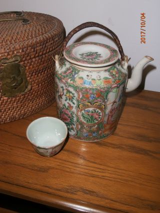 Antique 19th c Chinese Famille Rose Teapot & Cup Basket Tea Cozy Rose Mandarin 5