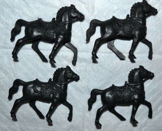 4 Vintage Soft Plastic Toy Western Cowboy Detailed Lido Black Horse Figures