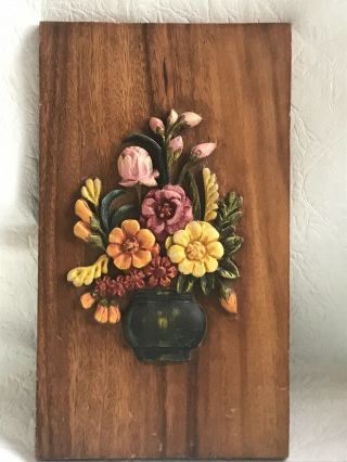 Vintage Art Wood Painted Floral Bouquet Rounded Vase Hand - Carved Vintage
