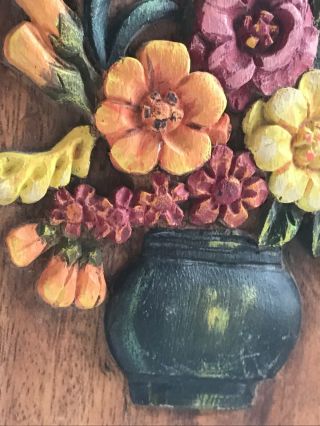 Vintage Art Wood Painted Floral Bouquet Rounded Vase Hand - carved Vintage 4