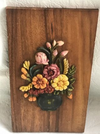 Vintage Art Wood Painted Floral Bouquet Rounded Vase Hand - carved Vintage 5