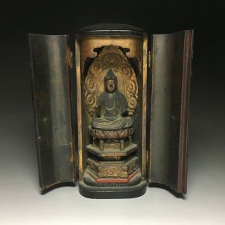 Old Japanese Japan,  Buddhism Buddha Statue Kannon,  Bodhisattva,  Zushi Box 17cm 等