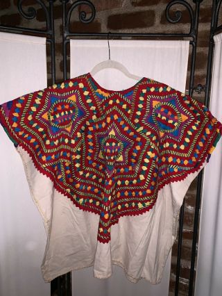 Vintage Guatemala Textile Hand Embroidered Colorful Huipil Tunic Blouse One Size