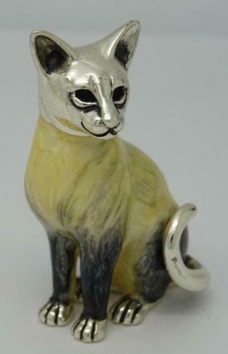 Sterling Silver & Enamel Siamese Cat By Saturno (italy) 4cm X 2.  1cm