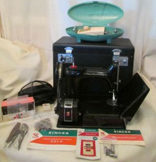 Vintage Red S 1960 Singer Featherweight Sewing Machine Model 221k W/case,  Extra